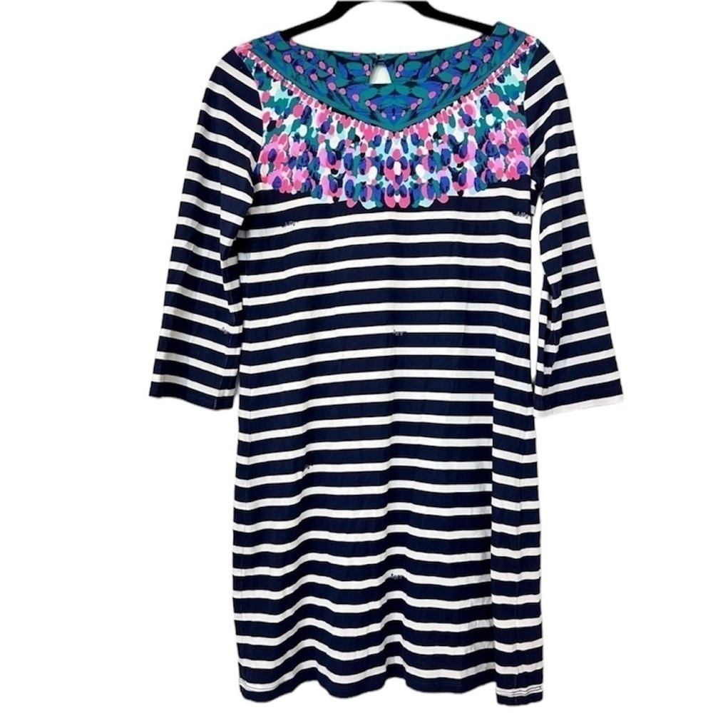 Lilly Pulitzer Bay Dress Striped Island Medallion Womens XS Navy White Pink